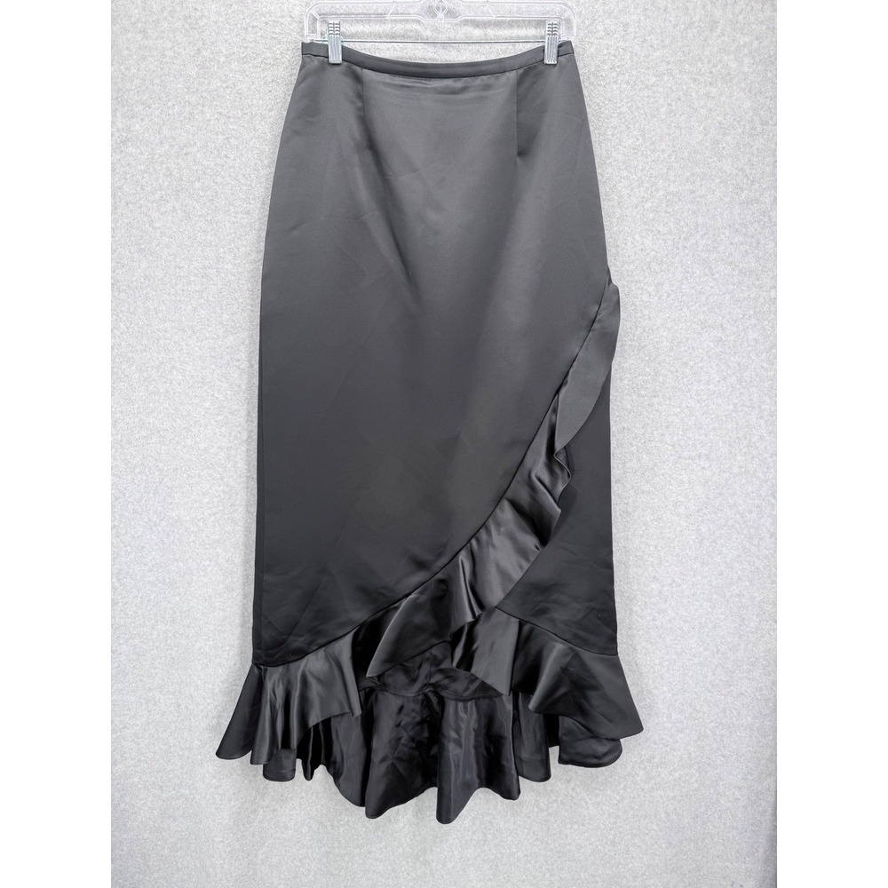 Kay Unger New York Skirt Womens 8 Black Satin Ruffle Hem Formal Evening Maxi